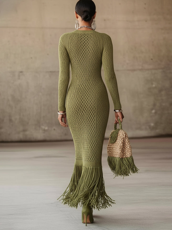 24-Hour-Shipping Olive Green Knit Fringe Hem Bodycon Maxi Dress