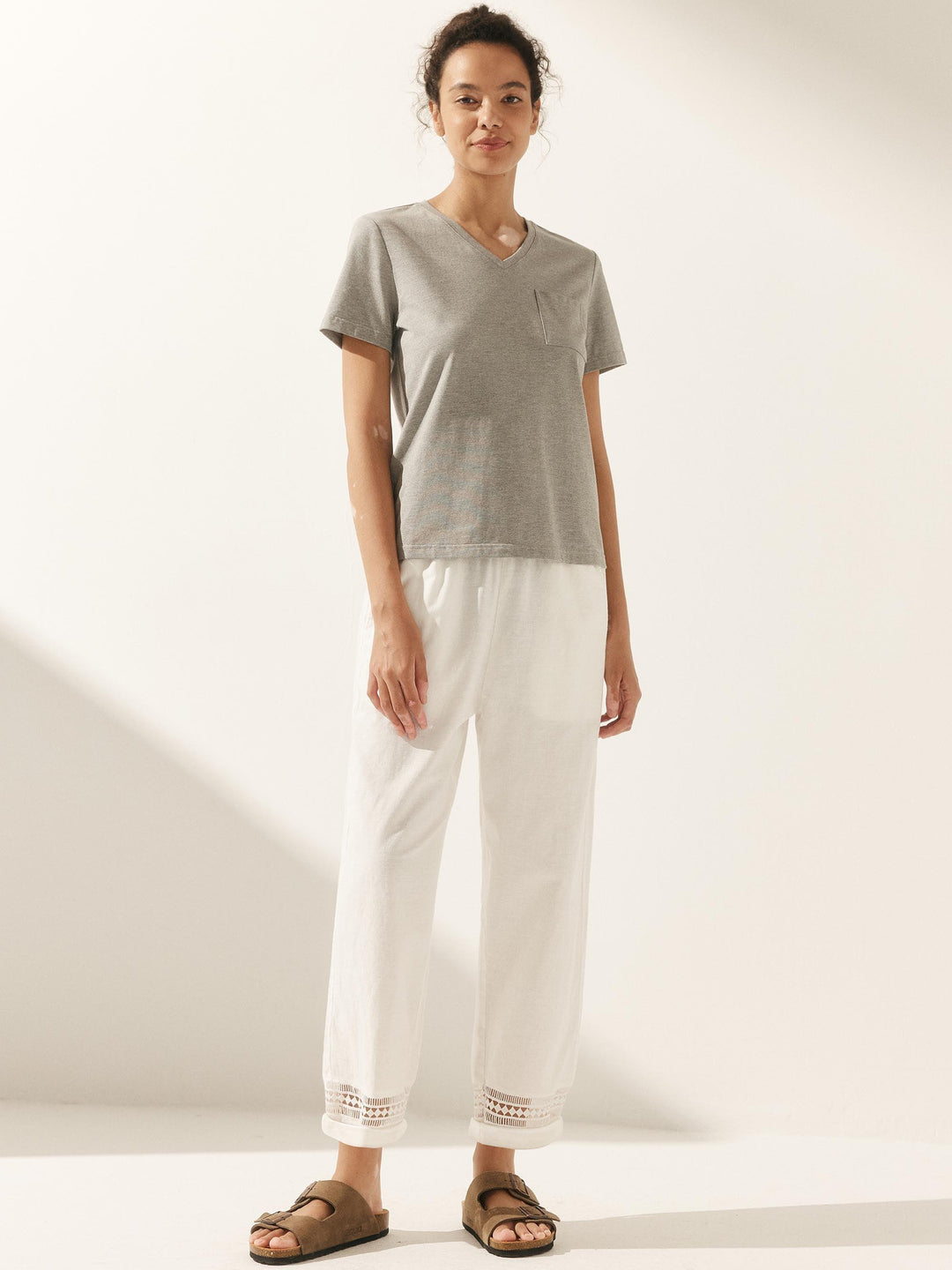 Linen Hollow Lace Stitching Elastic Waist Ankle Length Pants RITA