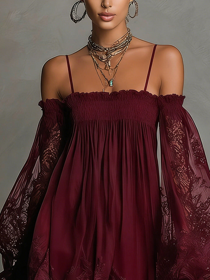 Navy Off-Shoulder Lace Trim Chiffon Mini Dress With Sheer Sleeves