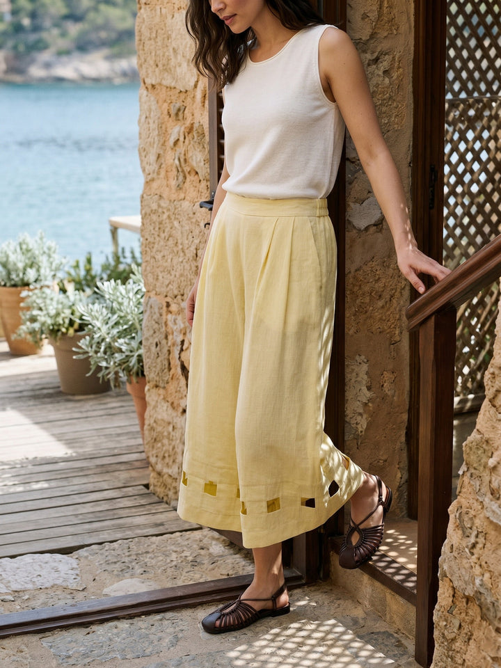 100% Linen Lattice Hem Cropped Wide Leg Pants EMMELINE