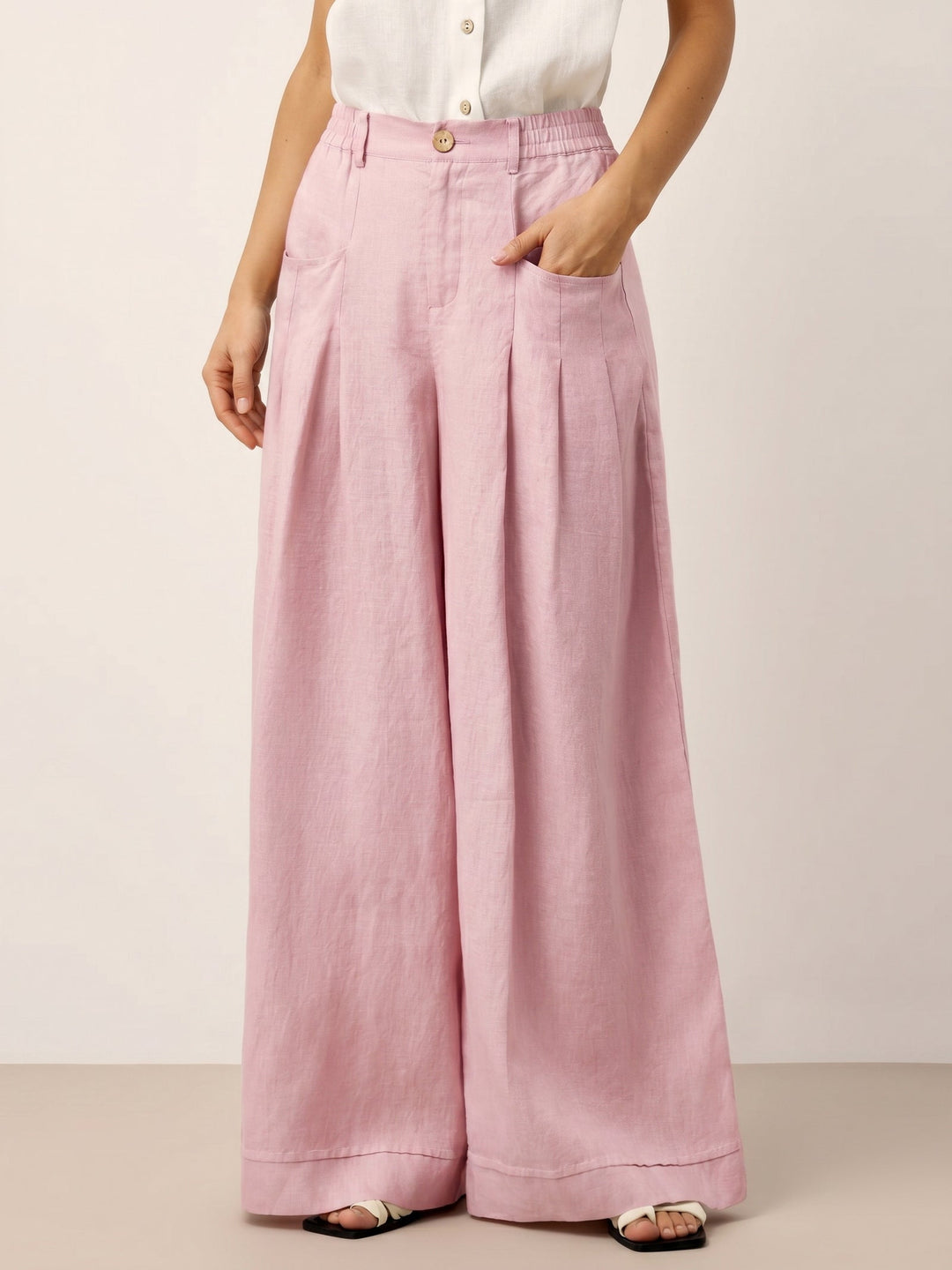 100% Linen Sculpted Pleat Elasticated Back Relaxed Pants VERIDIANA