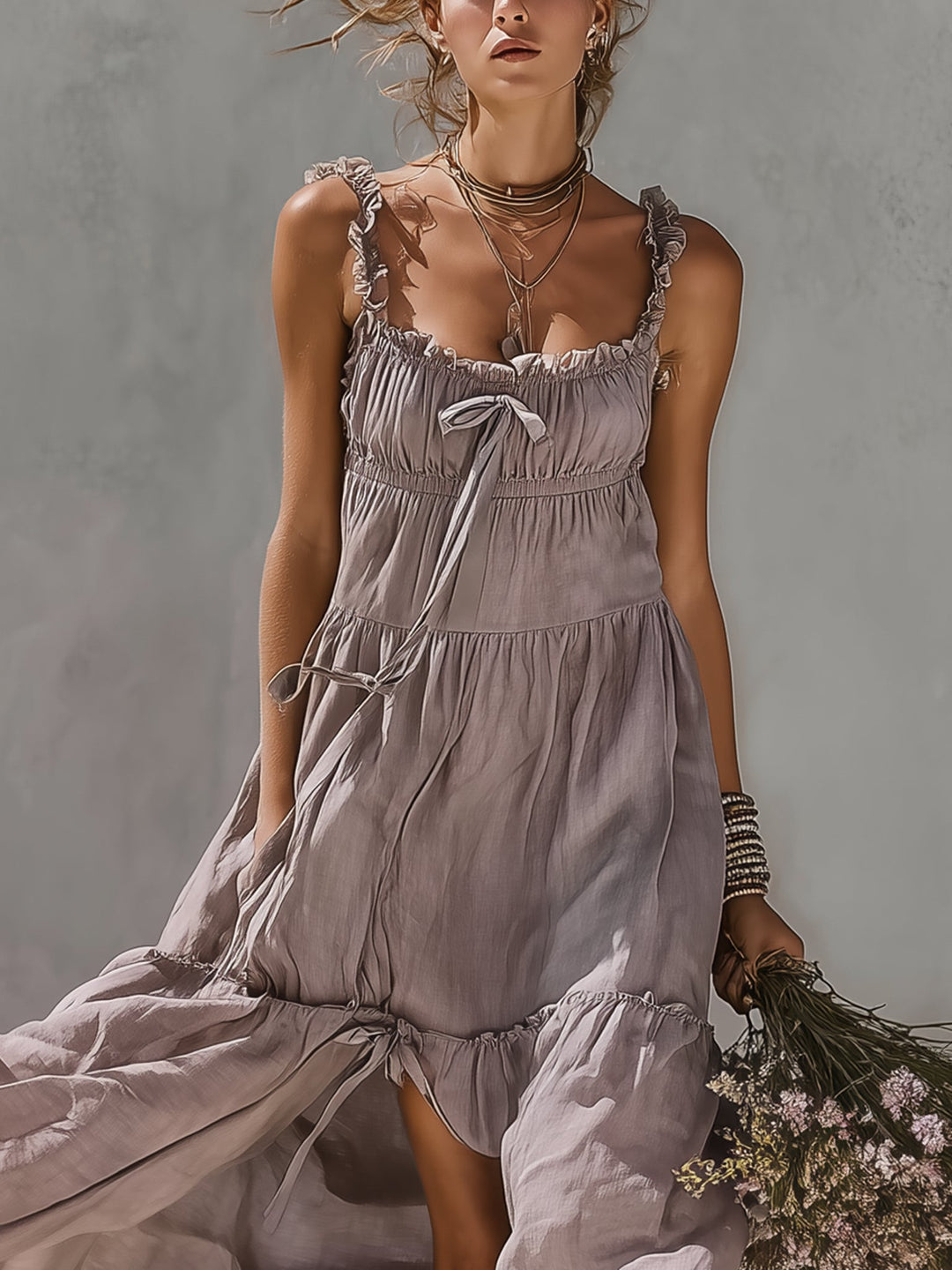 Purple Lace Trimmed Linen Maxi Dress