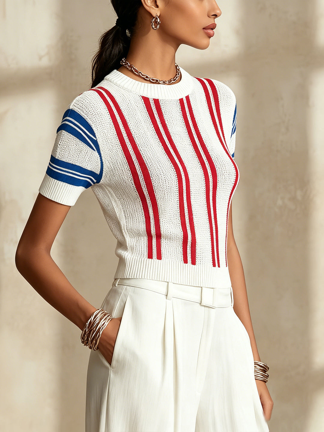 White Knit Short Sleeve Top With Red And Blue Stripes