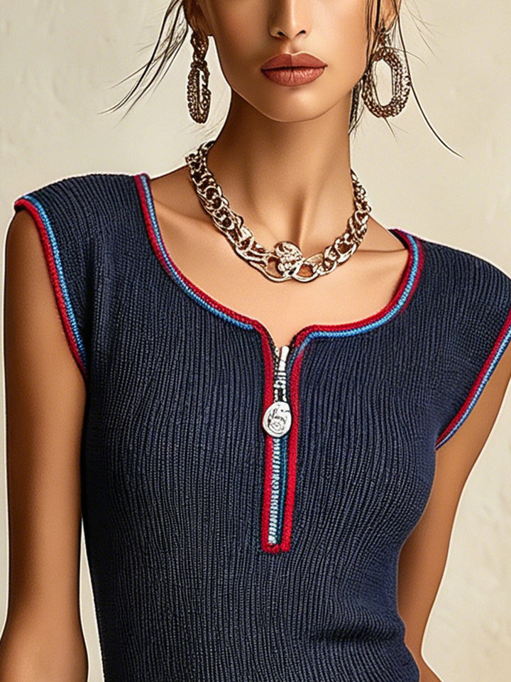 Navy Ribbed Knit Tank Top With Zip Neck And Contrast Trim