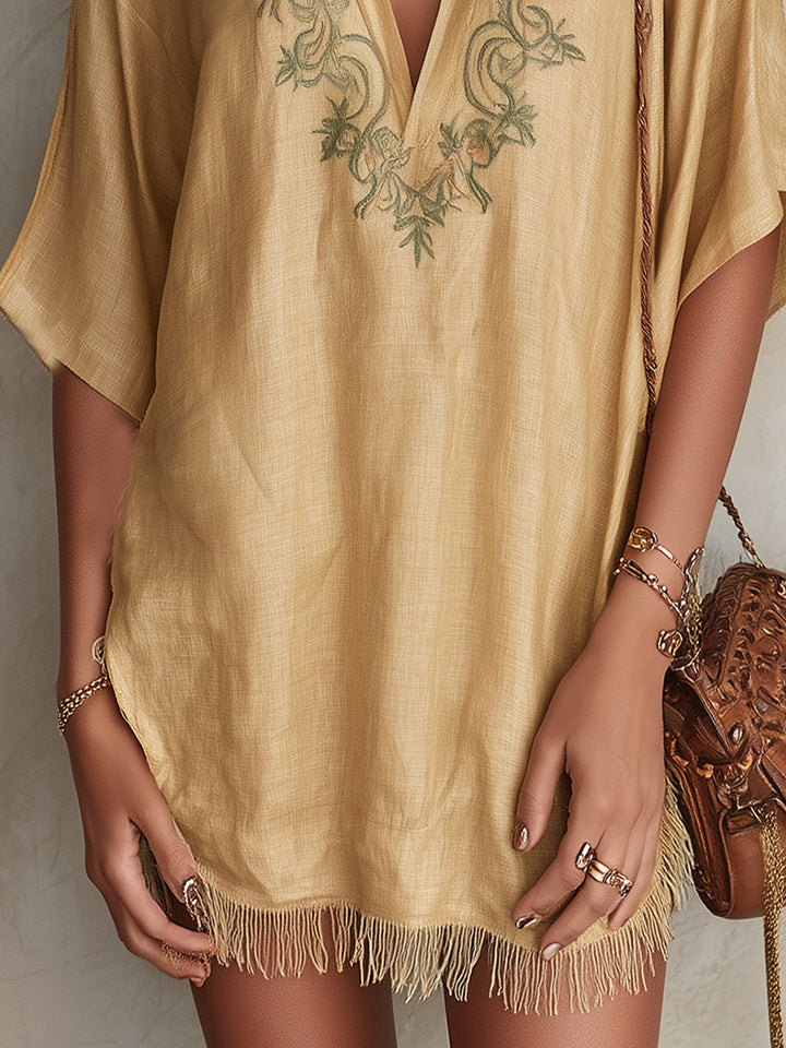 Beige Embroidered V-Neck Mini Dress With Fringe Hem