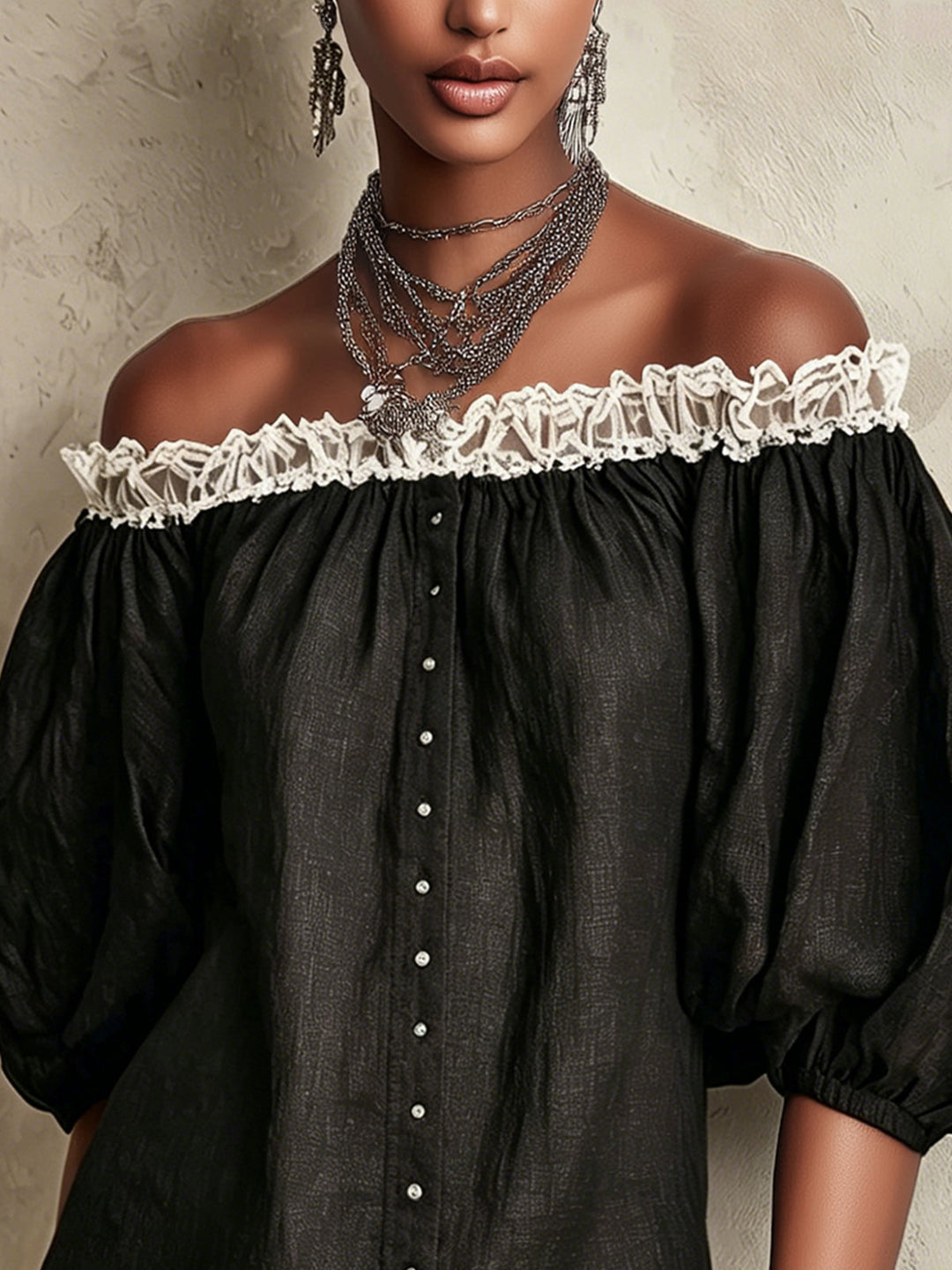 Black Off-Shoulder Mini Dress With Puff Sleeves And Ruffled Trim