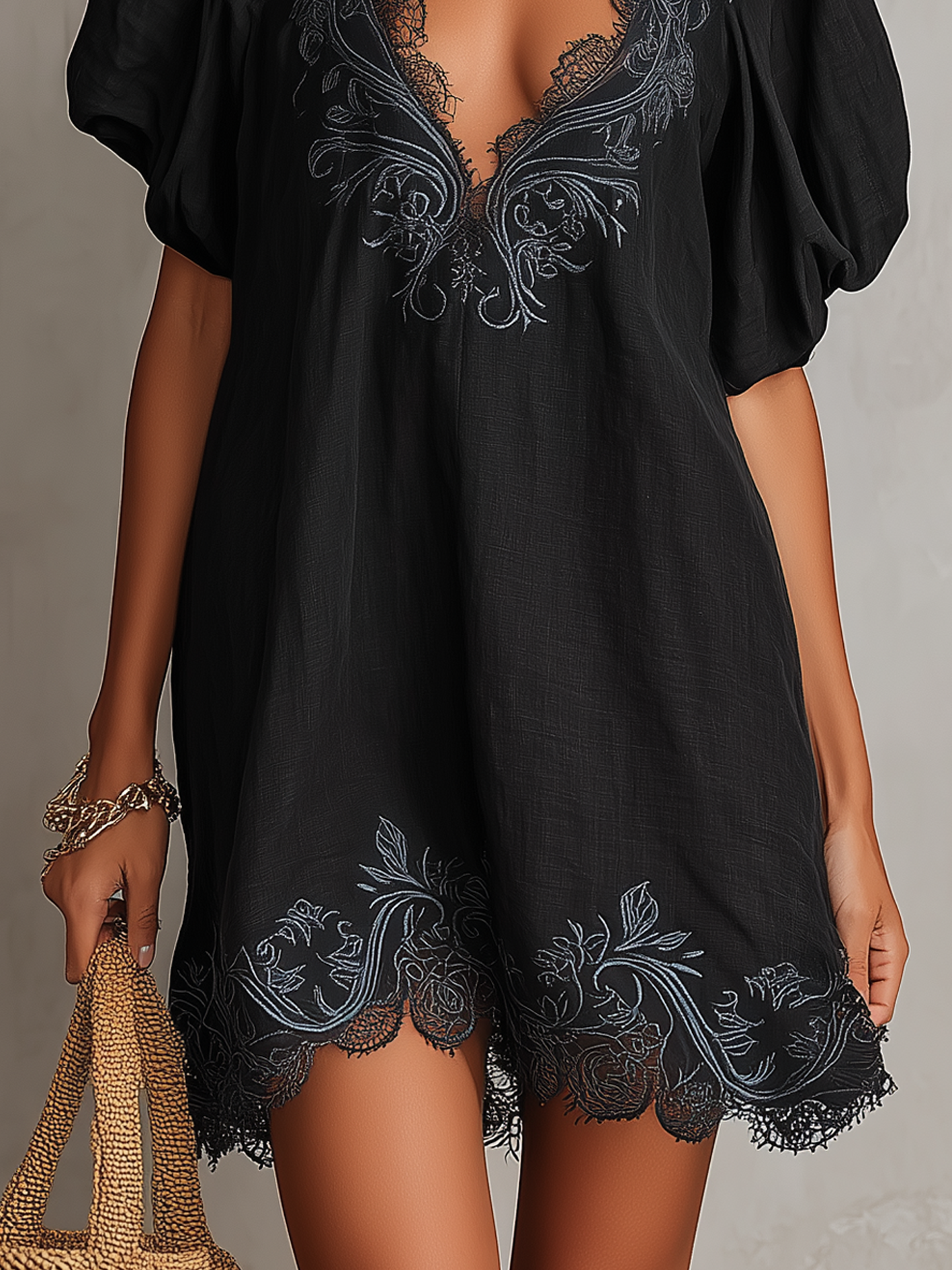 Amélie | Embroidered Puff Sleeve Mini Dress