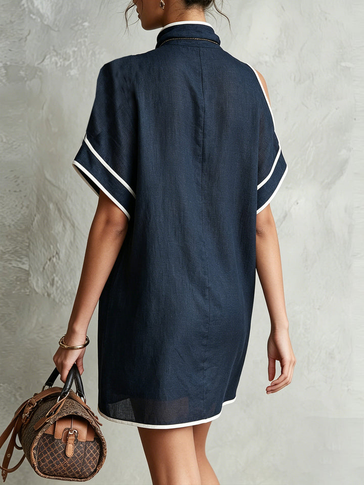Navy High-Neck Button-Detail Cold-Shoulder Mini Dress