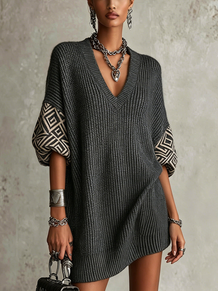 Gray V-Neck Geometric Sleeve Oversized Knit Mini Dress