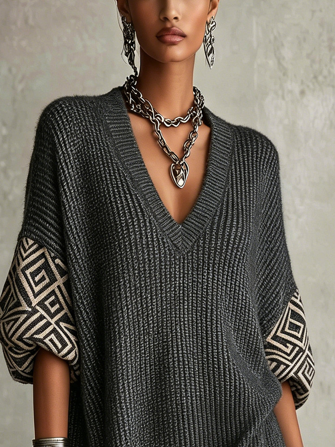 Gray V-Neck Geometric Sleeve Oversized Knit Mini Dress