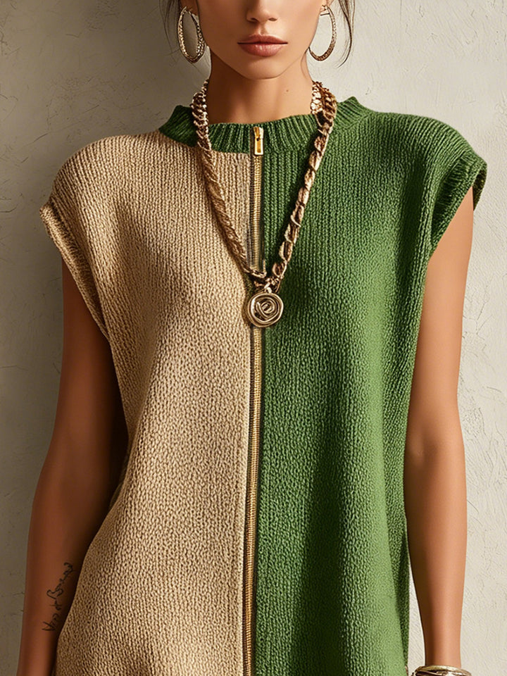 Beige And Olive Green Colorblock Zip-Front Knit Mini Dress