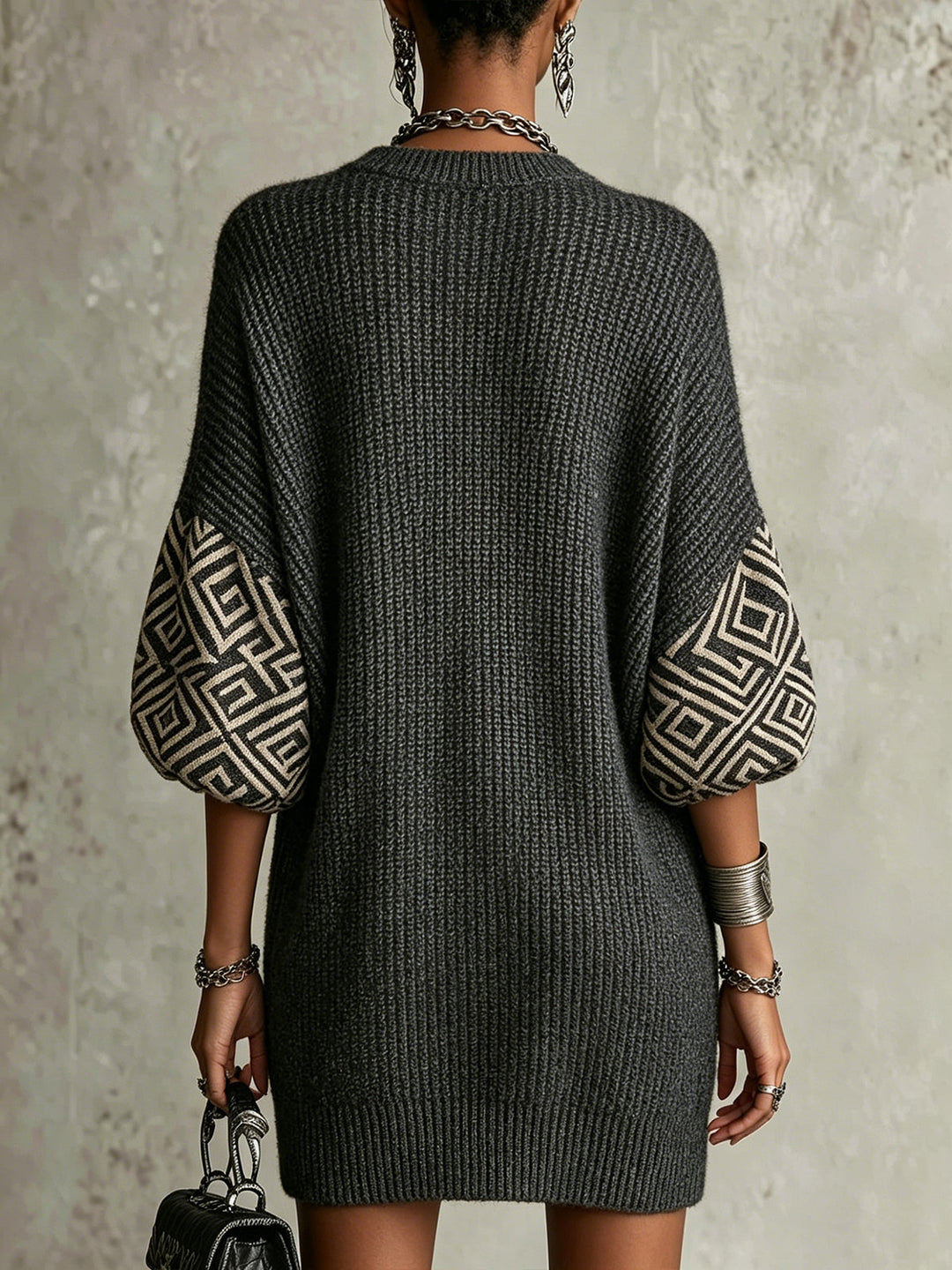 Gray V-Neck Geometric Sleeve Oversized Knit Mini Dress