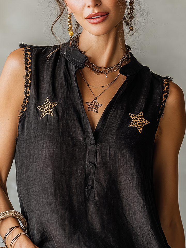 Black Sleeveless Cotton Linen Blouse With Leopard Star And Trim