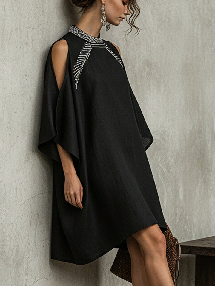 Black Linen Embroidered Off Shoulder Mini Dress