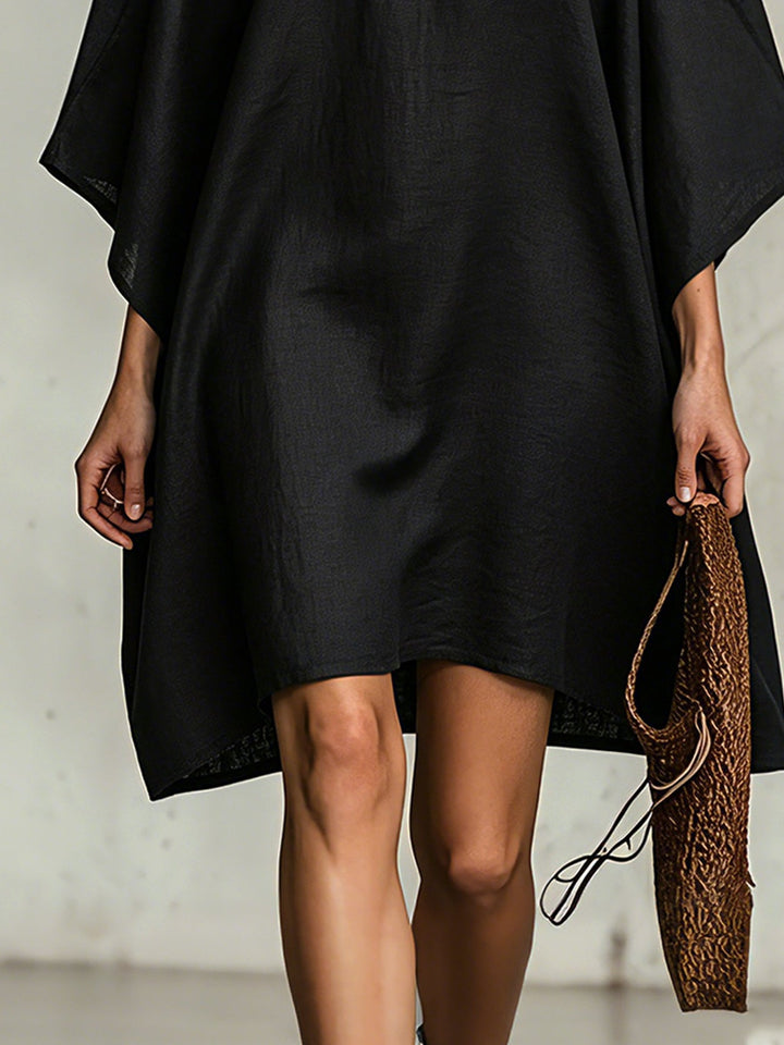 Black Linen Embroidered Off Shoulder Mini Dress