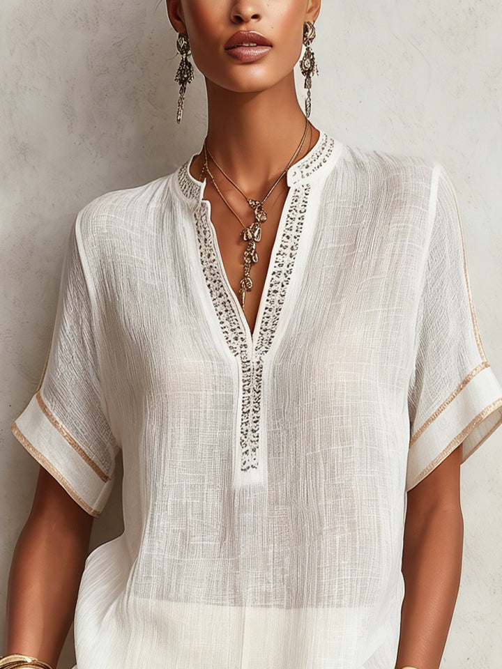 White V-Neck Short Sleeve Blouse