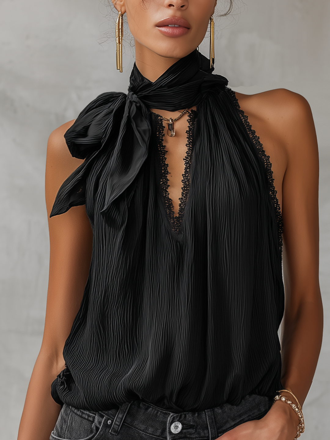 Black Textured Sleeveless Lace Trim Top With Bow Neck