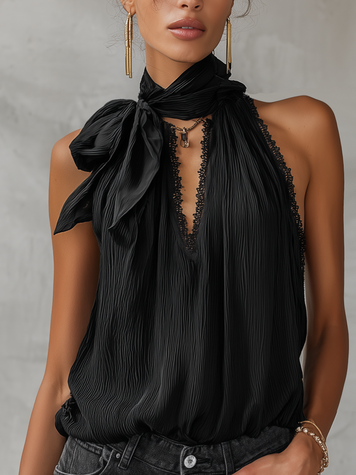 Black Textured Sleeveless Lace Trim Top With Bow Neck
