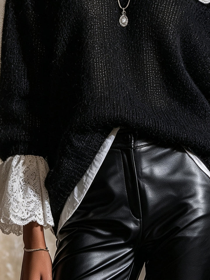Black Mohair Off-The-Shoulder Sweater With White Lace Trim