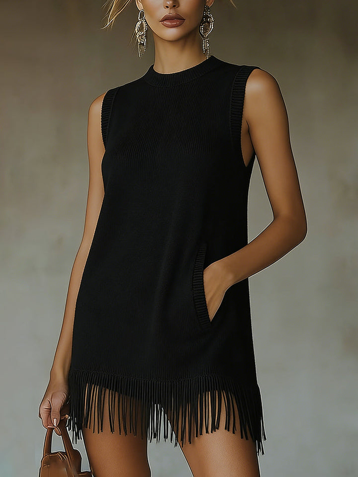 24-Hour-Shipping Olive Green Sleeveless Knit Mini Dress With Fringe Hem