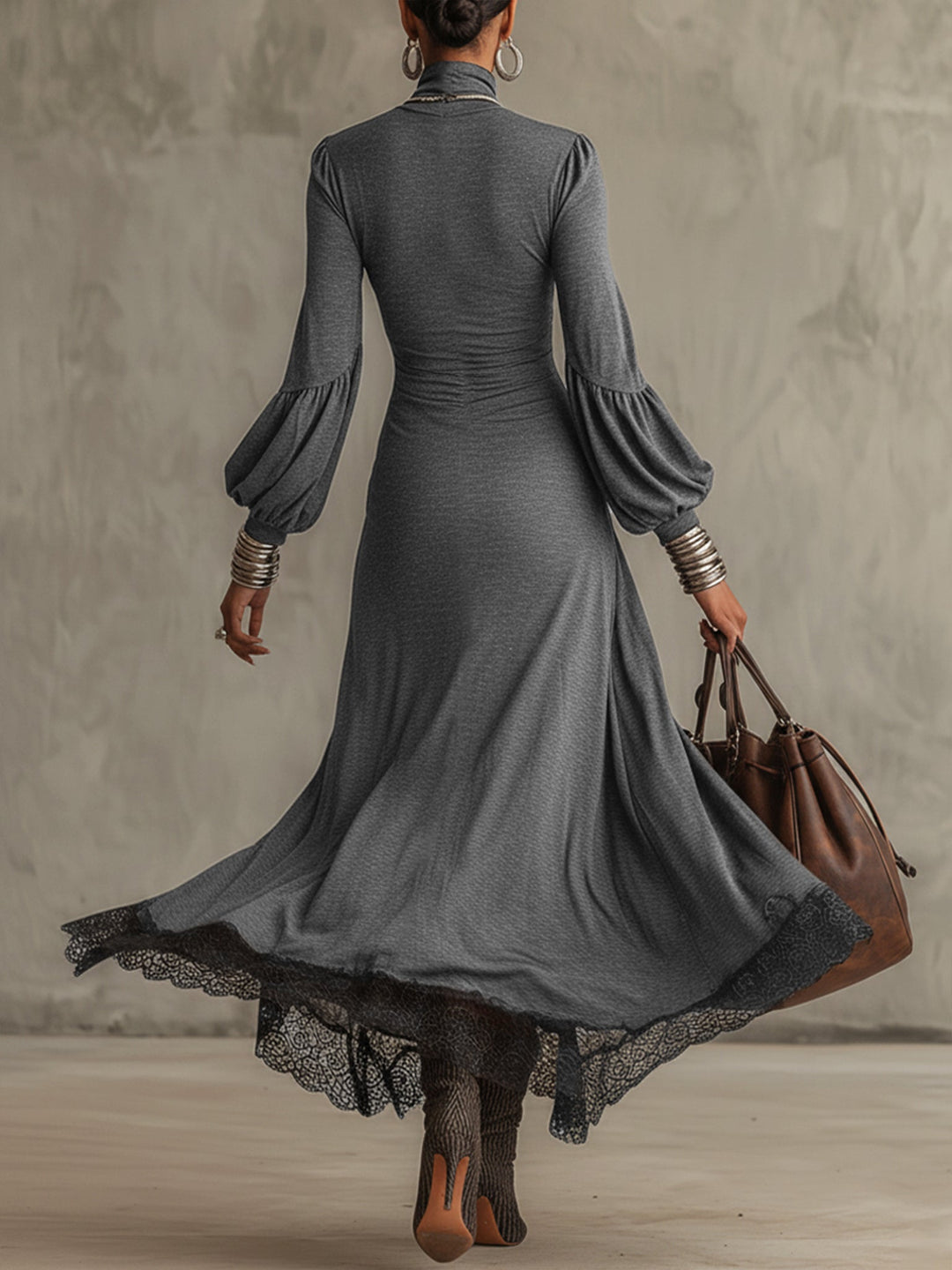Gray Knitted Lace Hem Puff Sleeve Maxi Dress