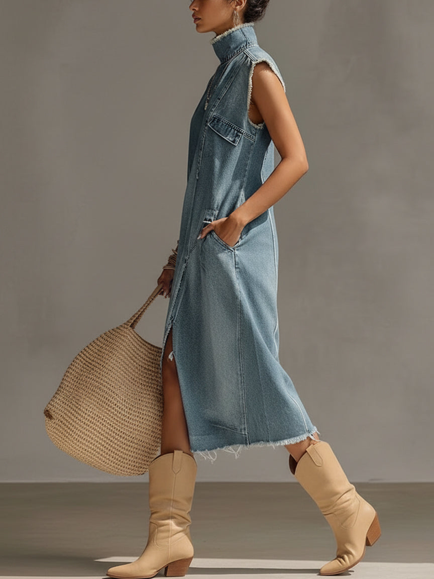 Elise | Frayed Denim Midi Dress