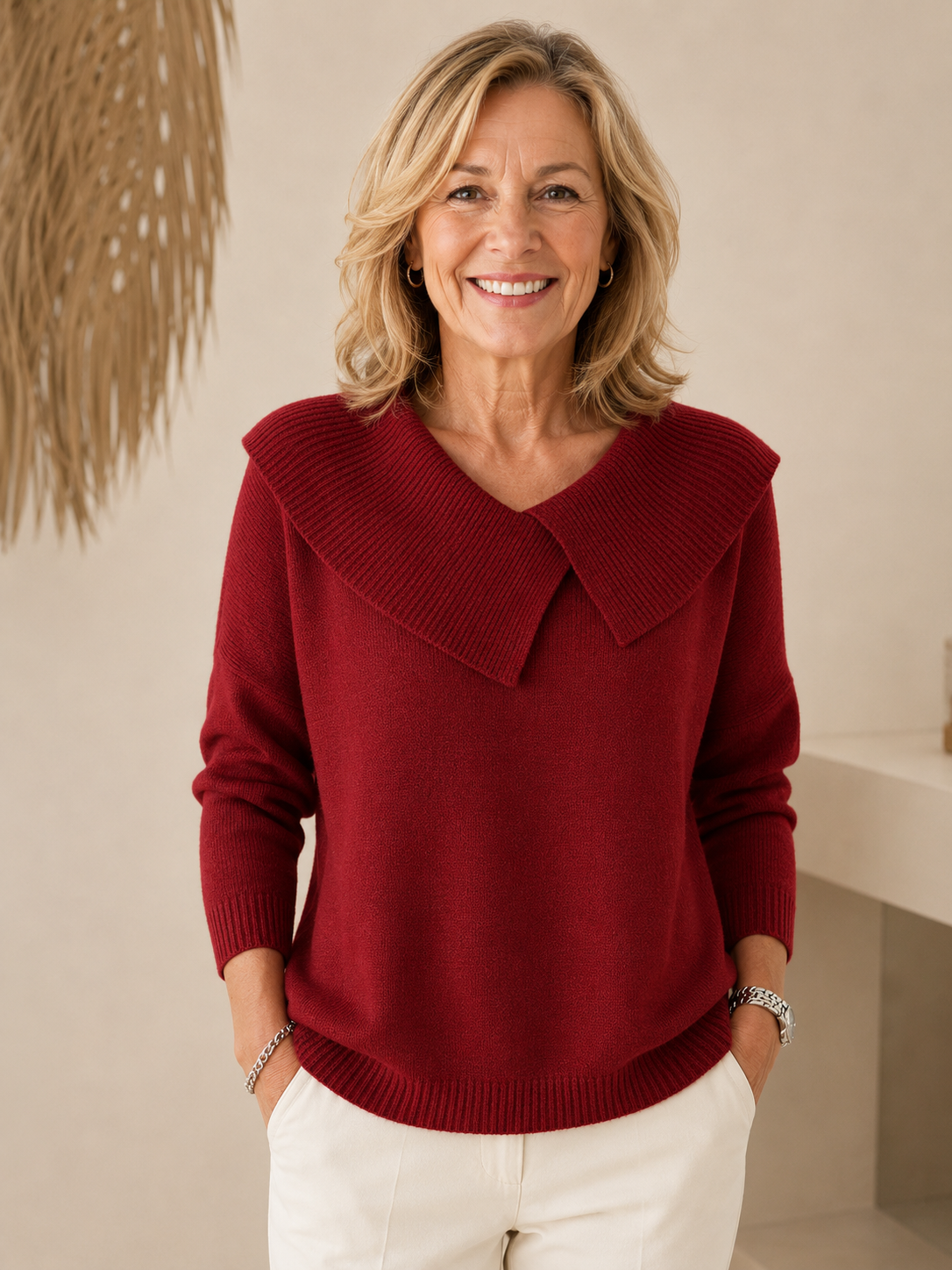 Warm Jumper with Soft Collar for Women