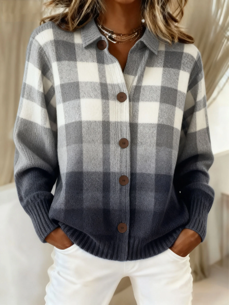 Agnes | Grey Ombre Plaid Button Cardigan for Women