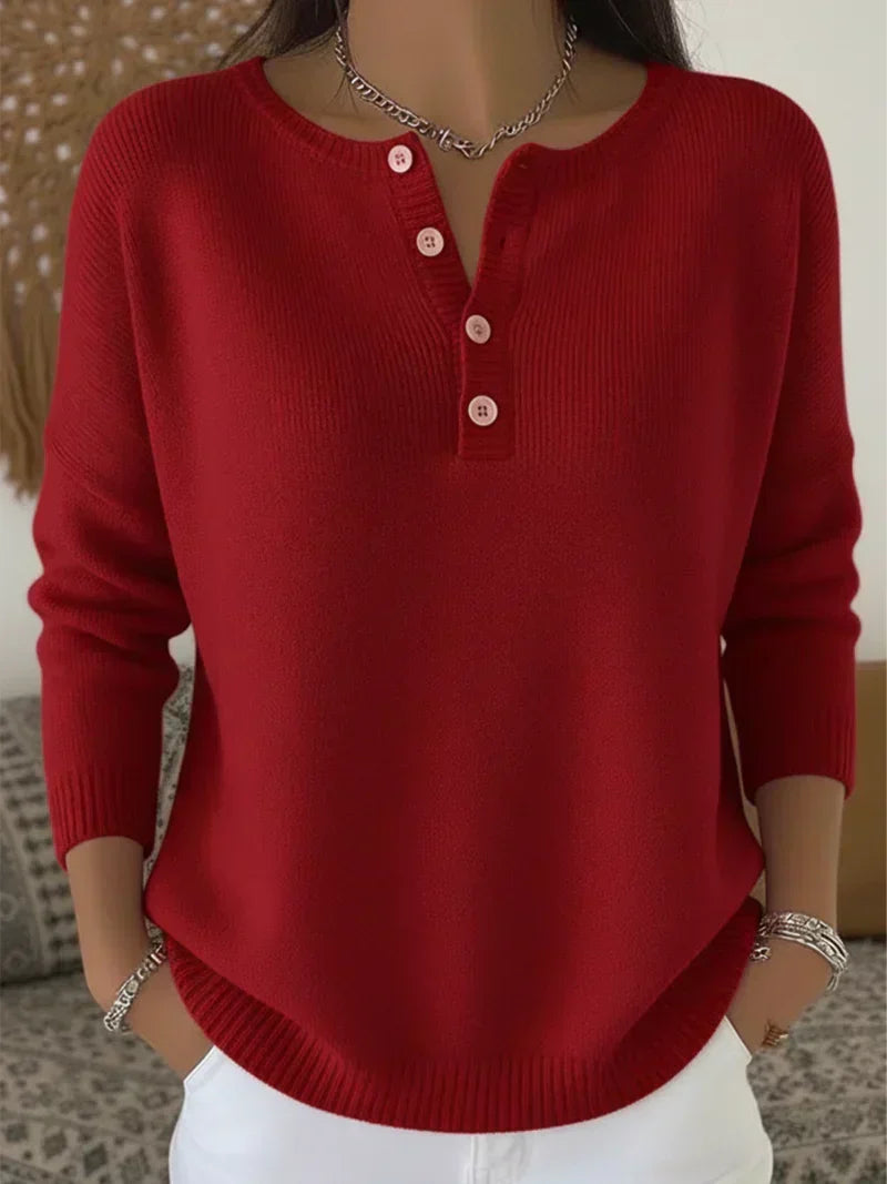 Henley Button-Up Knit Jumper for Women