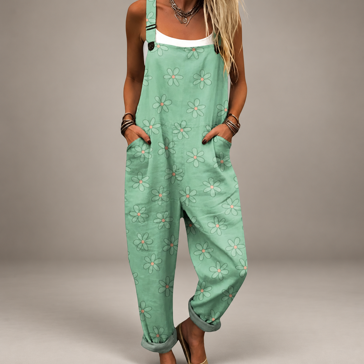 Comfortable Printed Dungarees mint studio photo