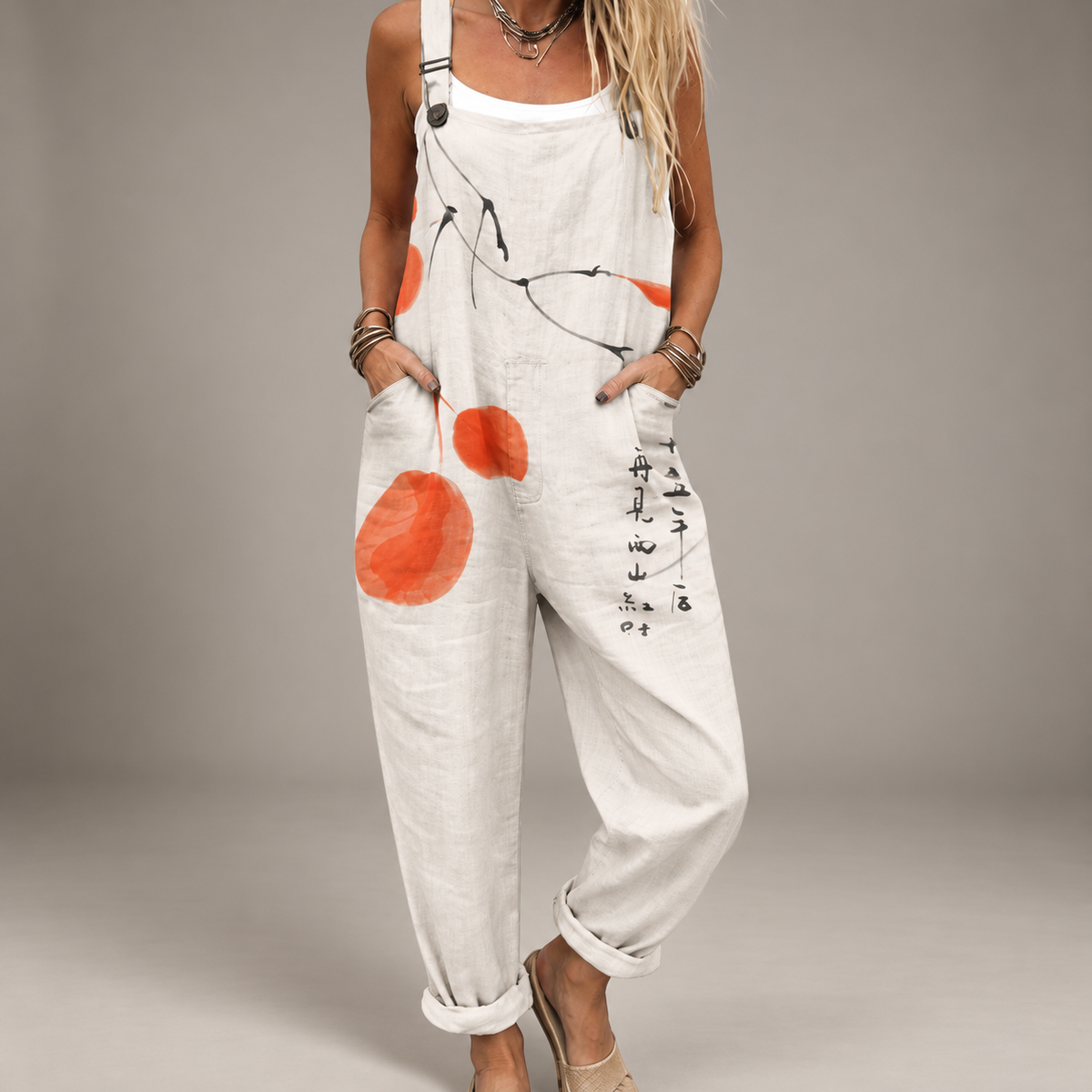 Comfortable Printed Dungarees white orange studio photo