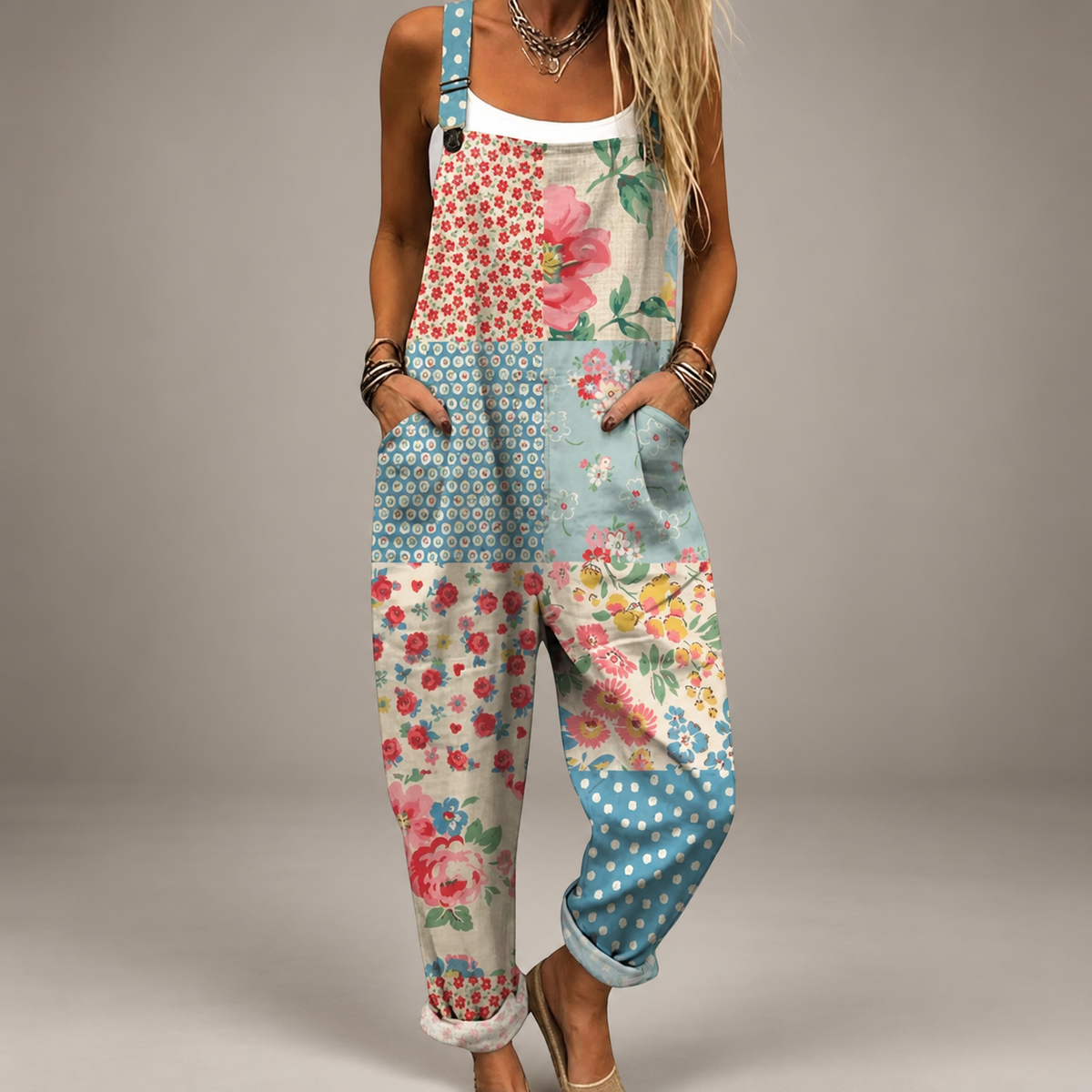 Comfortable Printed Dungarees patchwork studio photo