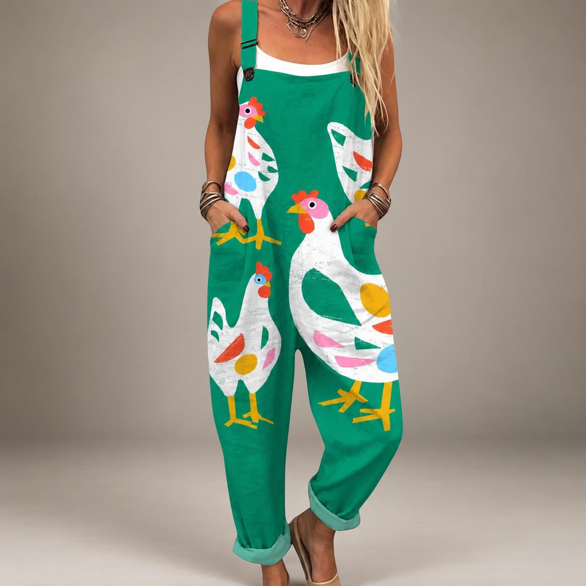Comfortable Printed Dungarees green chicken studio photo